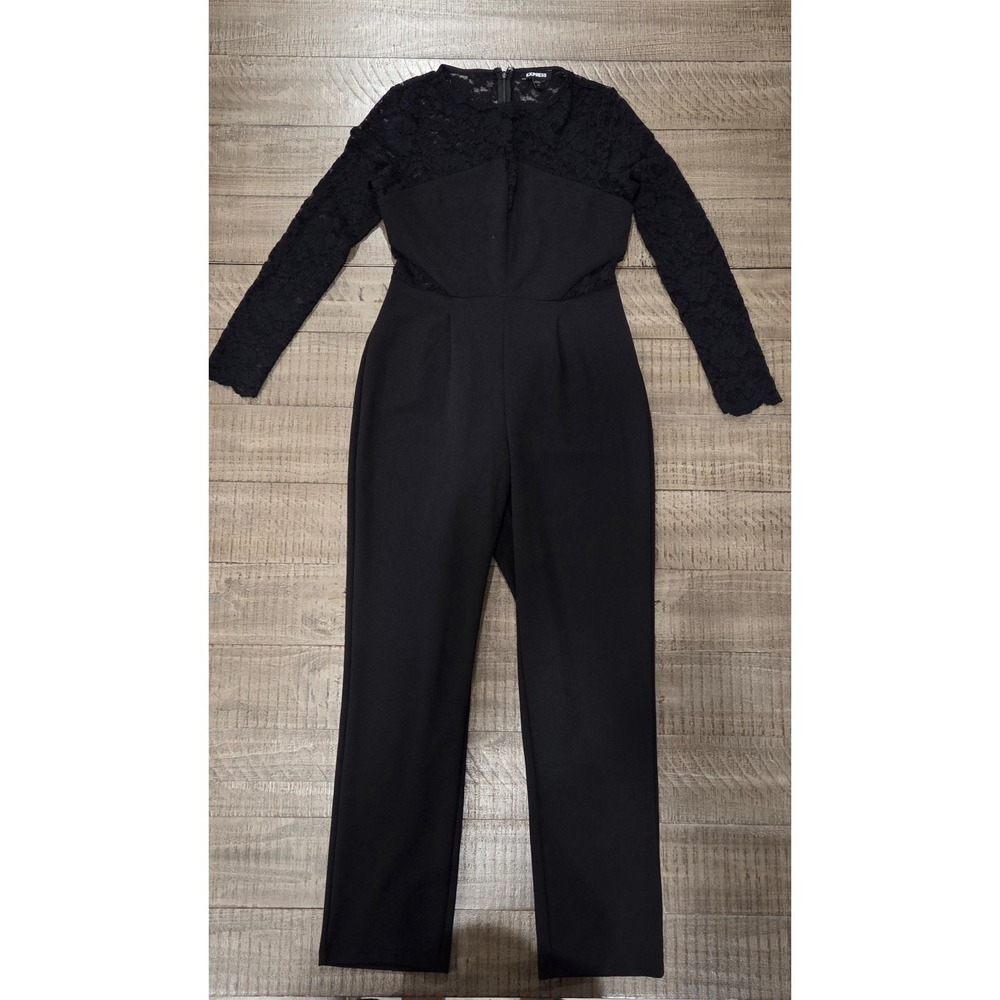 Express Elegant Black Jumpsuit with Sheer Floral Lace Long Sleeves Size S/P - Picture 8 of 11